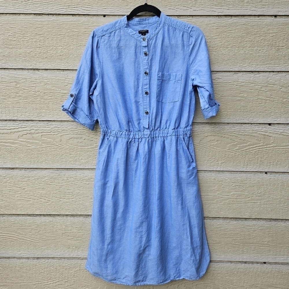 Ann Taylor light blue petite cotton linen shirtdress with pockets 12P
